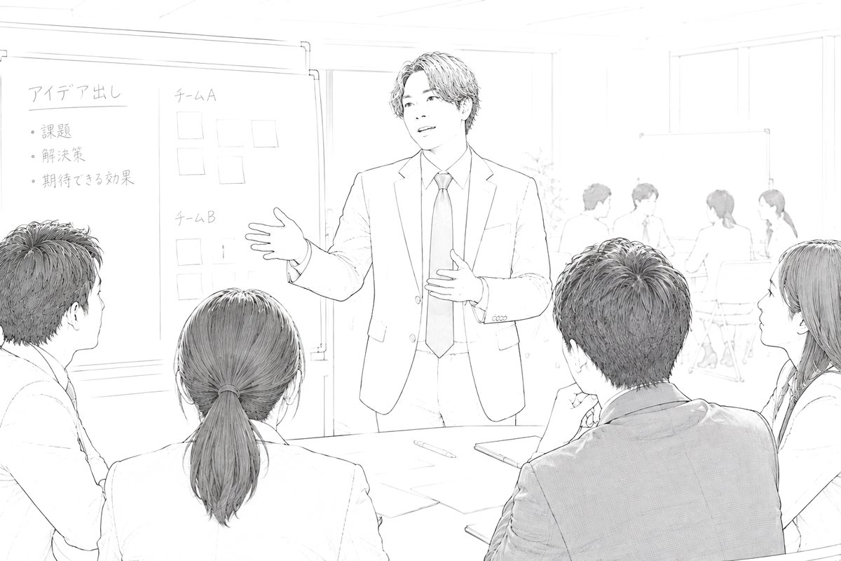 ワークショップを進行する徳 一輝のイラスト