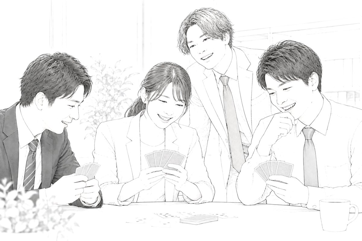 ビジネスゲーム研修に参加する受講者と徳 一輝のイラスト